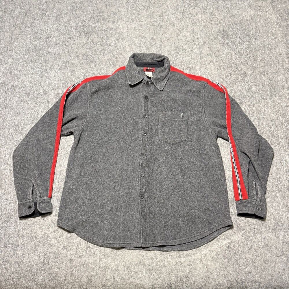 VTG Retro Blues Polyester Rayon Fleece Racing Stripe Button Up Shirt Men's XL